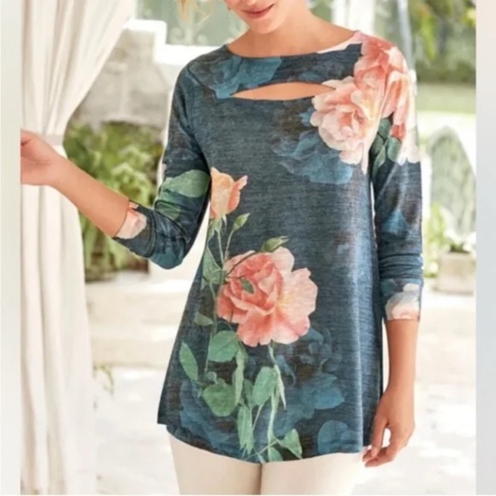 Soft Surroundings‎ Evening Primrose Floral Long Sleeved Knit Tunic Top